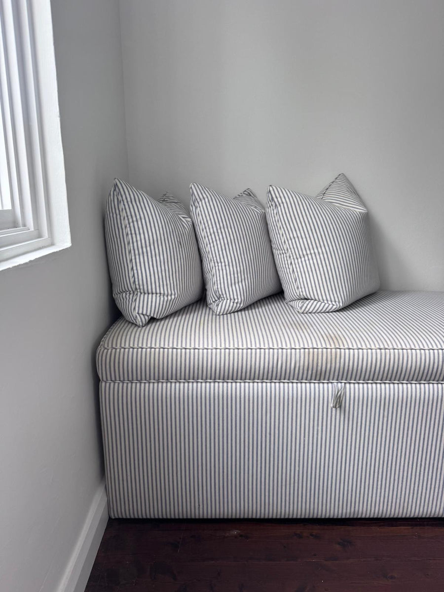 Custom Upholstered Storage Ottoman Bench - Blue & White Stripe - Image 3