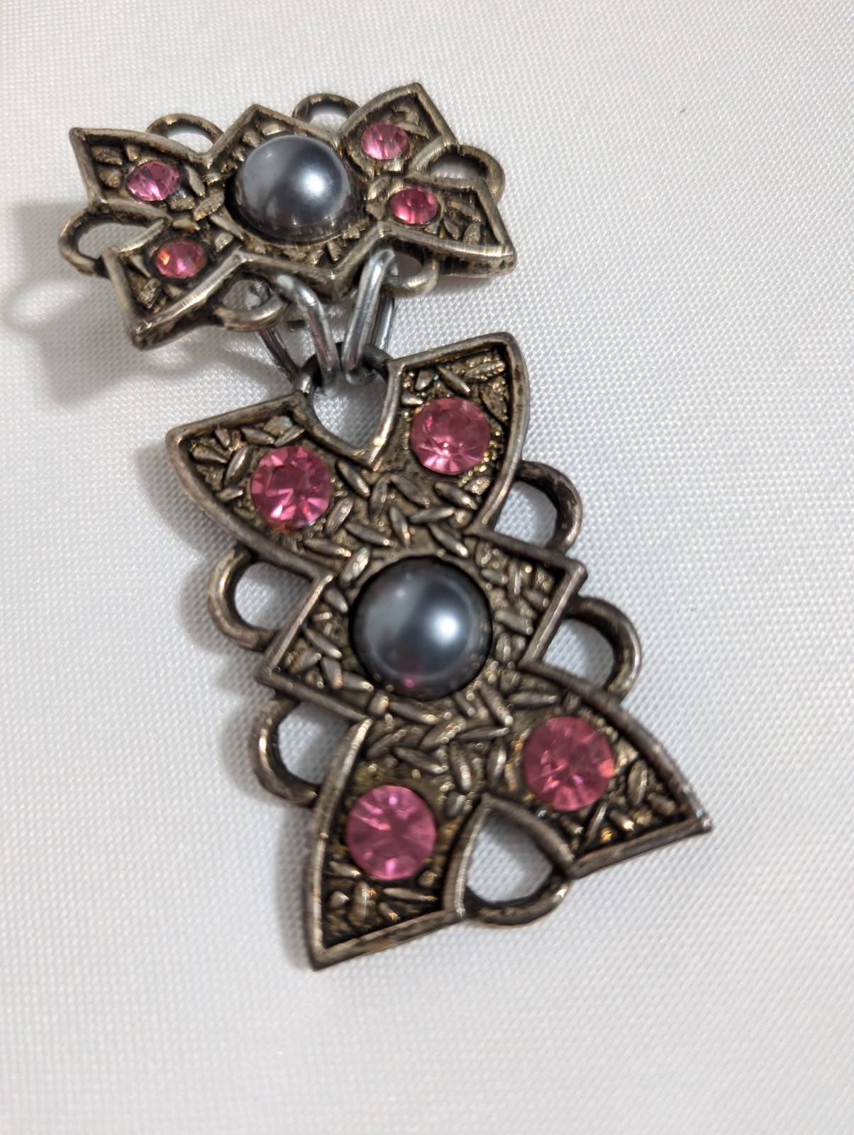 Vintage Filigree Clip-On Dangle Earrings With Pink Stones And Grey Pearls - Image 1