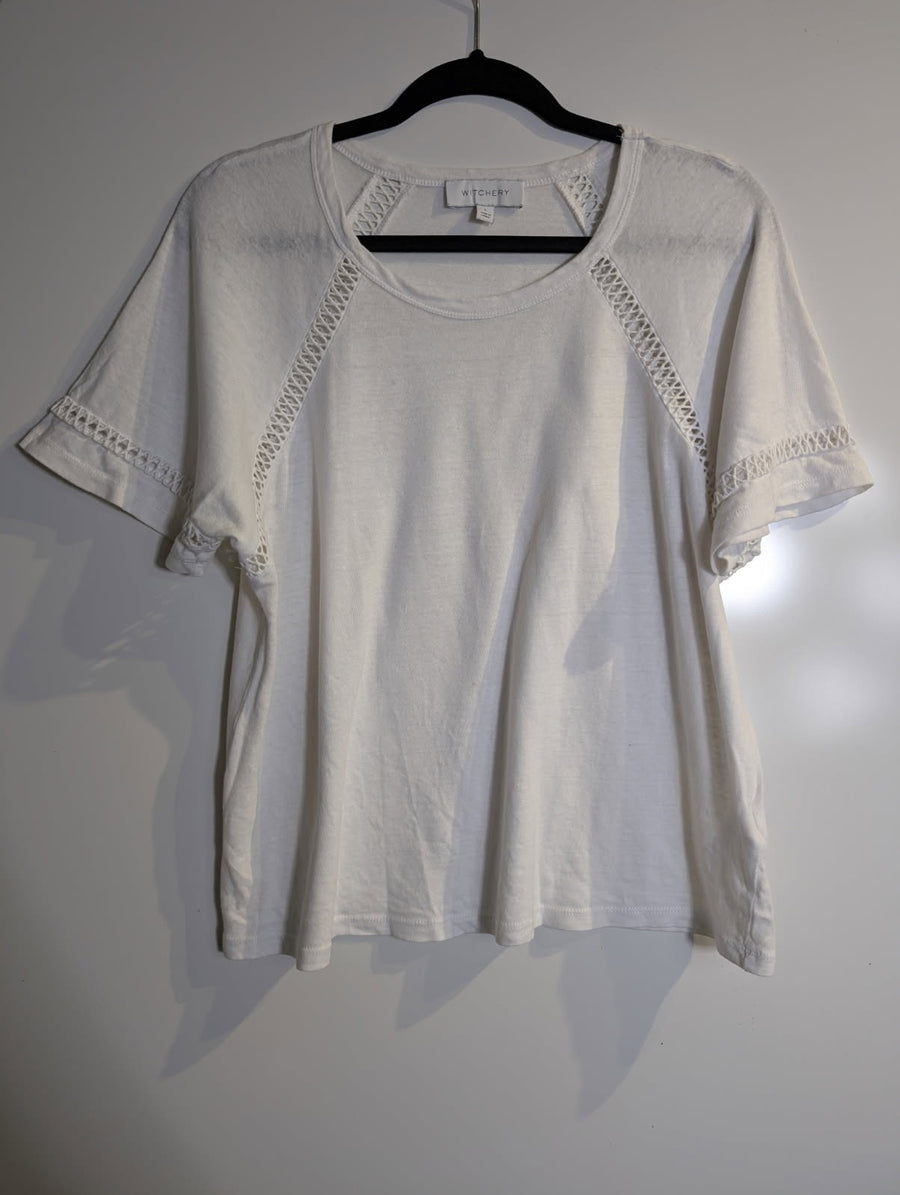 Witchery White T-Shirt with Crochet Detail Women's Size L - Image 2