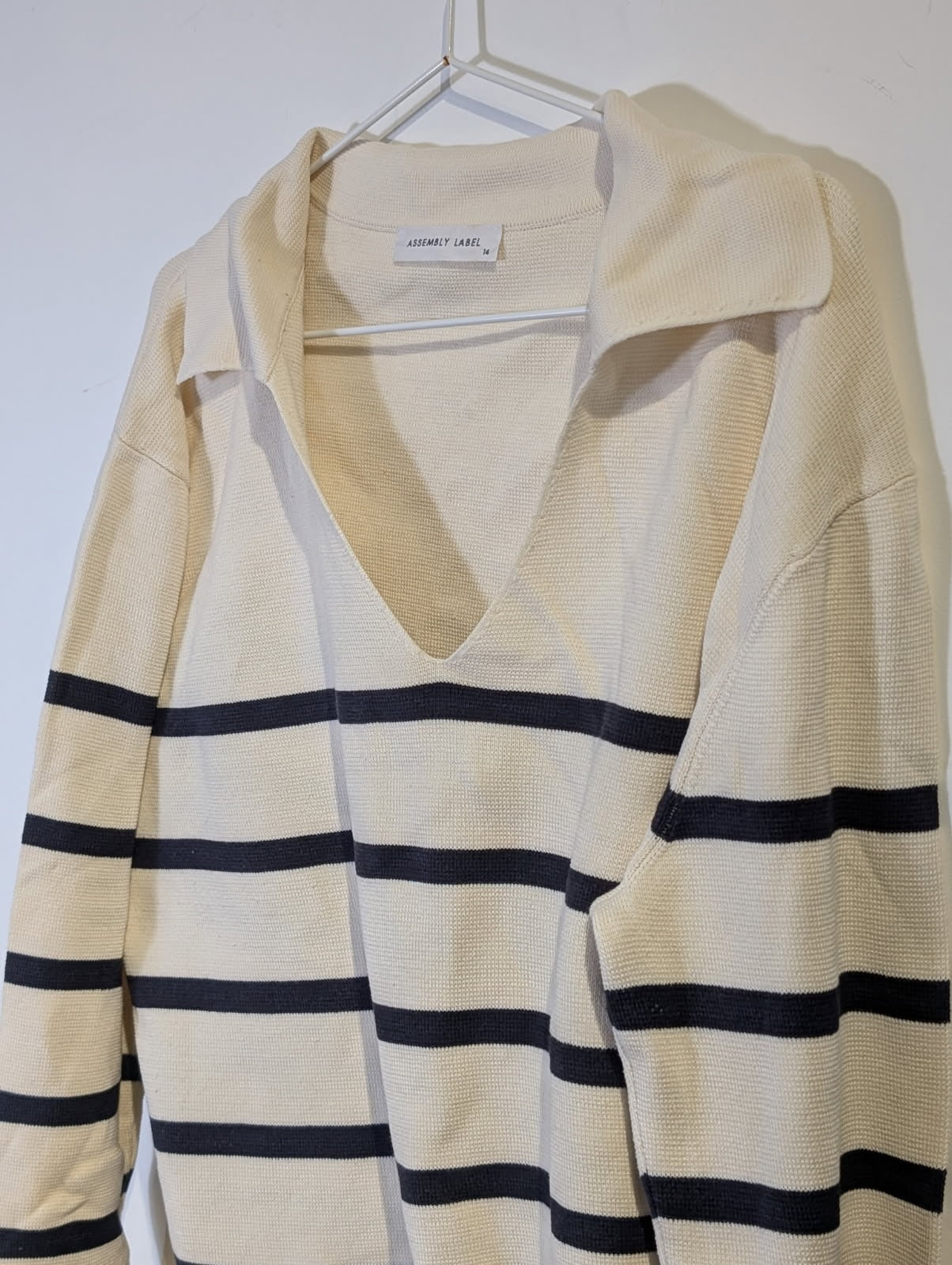 Assembly Label Striped Boat Neck Sweater - Cream & Navy Cotton - Image 2