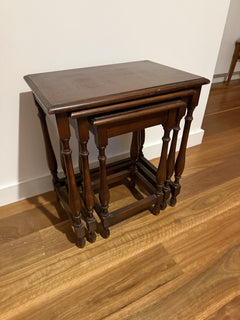 Vintage Nesting Tables Wooden Side Tables with Turned Legs Dark Brown - Image 1