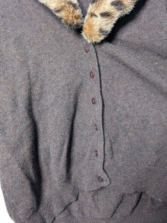 East Knit Cardigan Brown Leopard Print Faux Fur Collar Women's Size S - Image 2