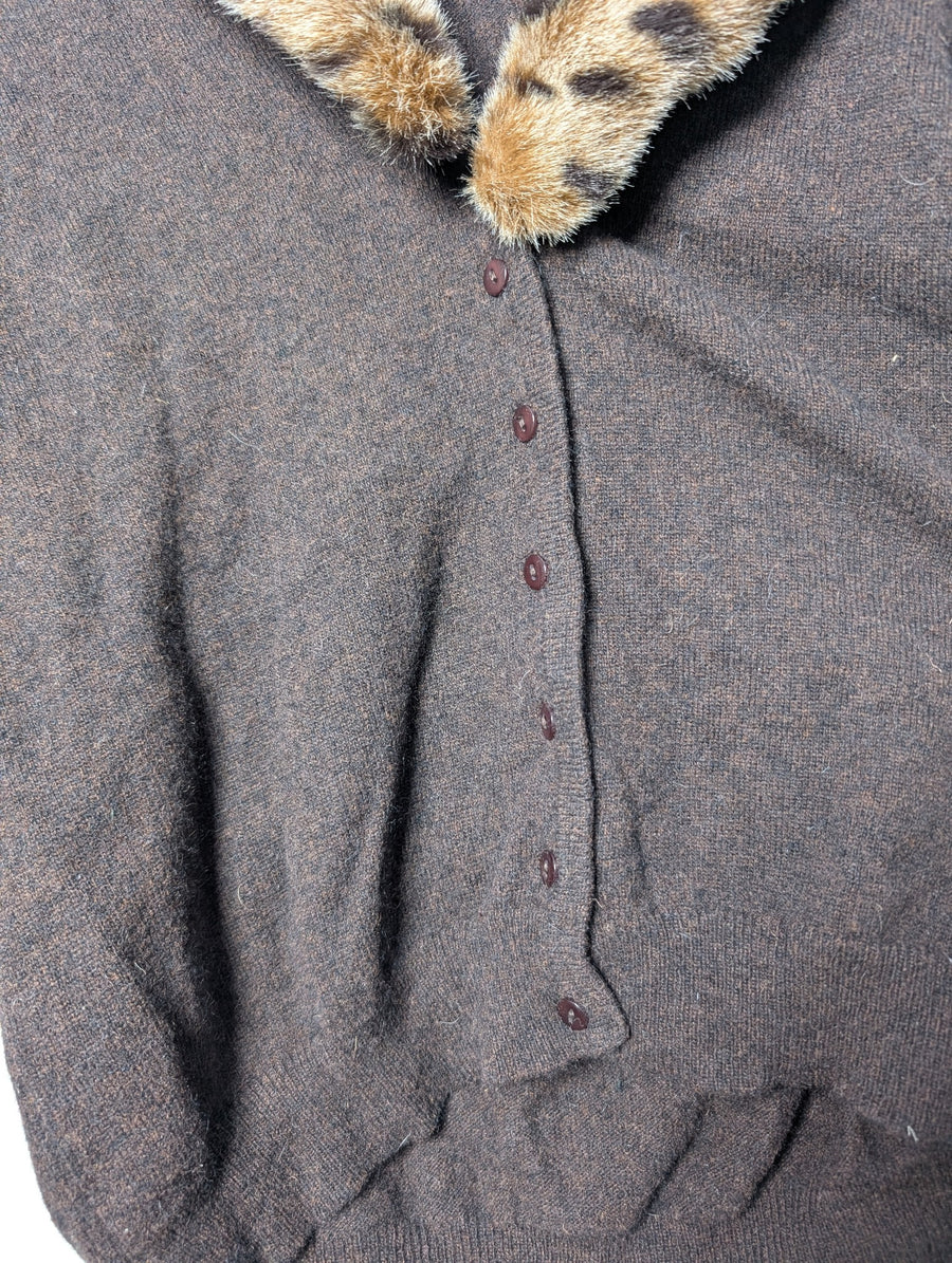 East Knit Cardigan Brown Leopard Print Faux Fur Collar Women's Size S - Image 2