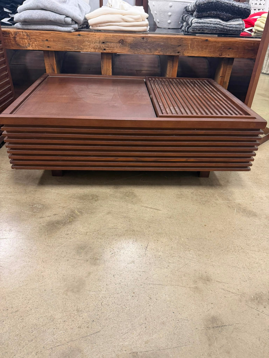 Crate & Barrel Slat Coffee Table with Sliding Storage Brown - Image 2