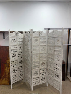 Unbranded 3-Panel Room Divider Distressed White Carved Wood - Image 2
