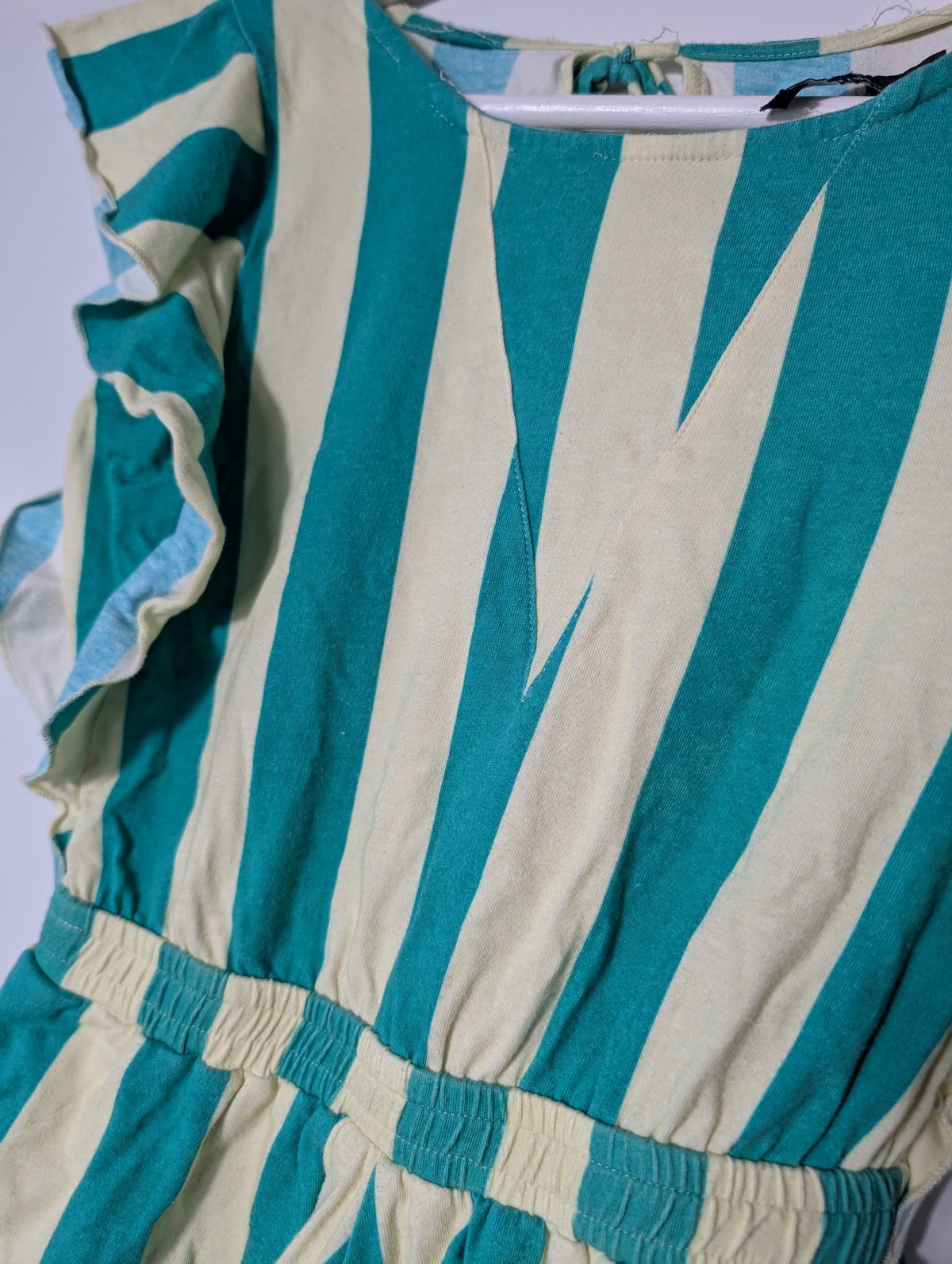 FEATHER/DRUM Striped Ruffle Sleeve Romper Teal & Cream Size 10 - Image 2