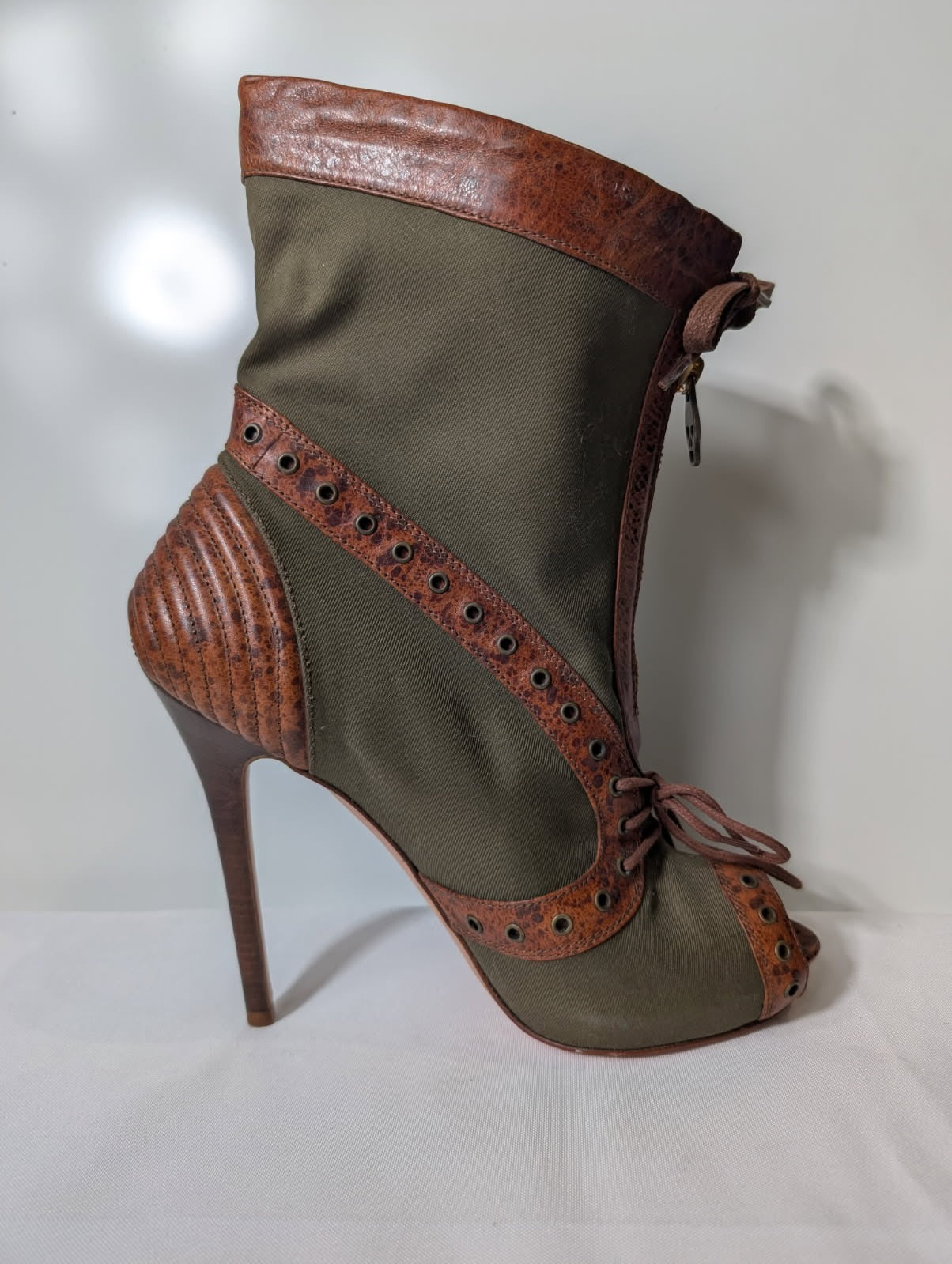 Alexander McQueen Khaki Canvas & Brown Leather Peep Toe Skull Zip Boots - Image 3