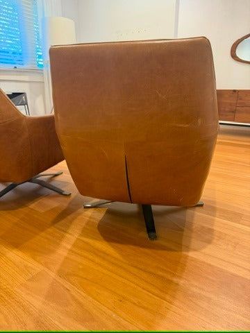 West Elm Mid-Century Show Wood Swivel Chairs Tan Leather Pair - Image 3