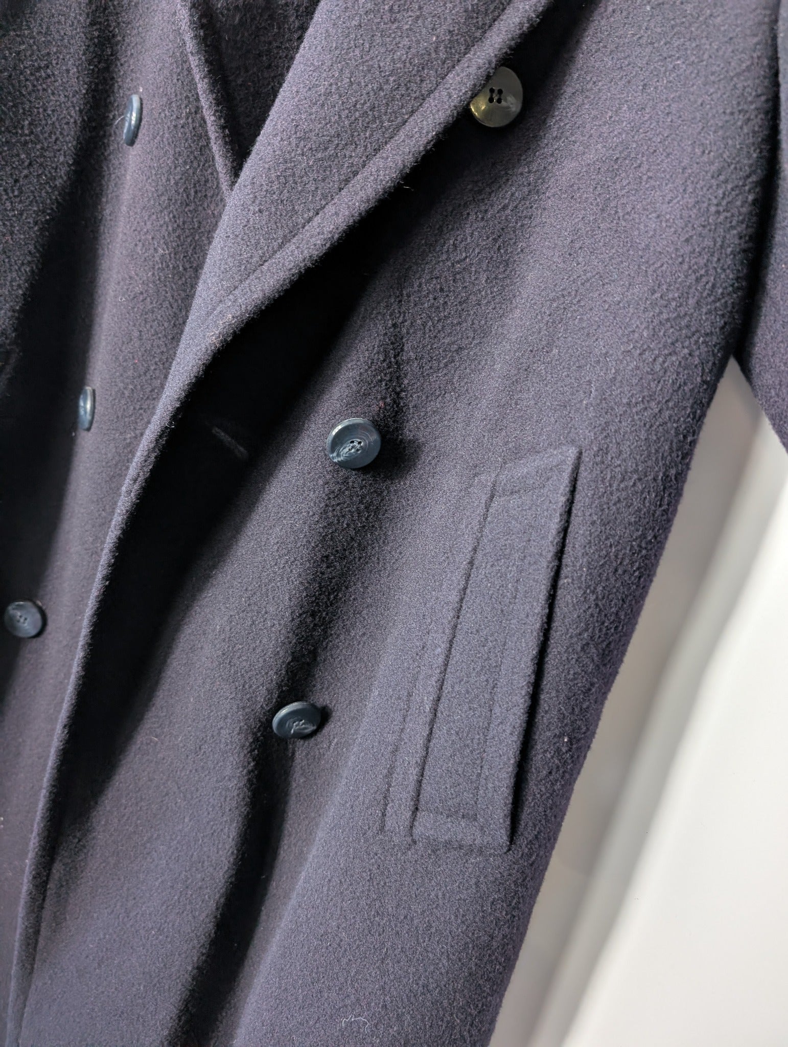 St Michael Vintage Double-Breasted Wool Overcoat Navy Size 12 - Image 2