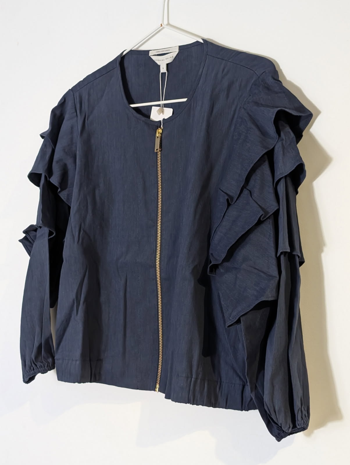 Veronika Maine Navy Blue Ruffle Zip-Up Jacket - Women's Size 8 - Image 2