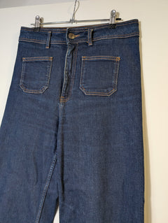 Zara High-Rise Wide-Leg Jeans Dark Wash Patch Pocket Raw Hem EUR 40 - Image 2