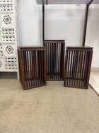 Wooden Slat Pedestal Stands Set of Three MCM Style Display Plinths Brown - Image 2