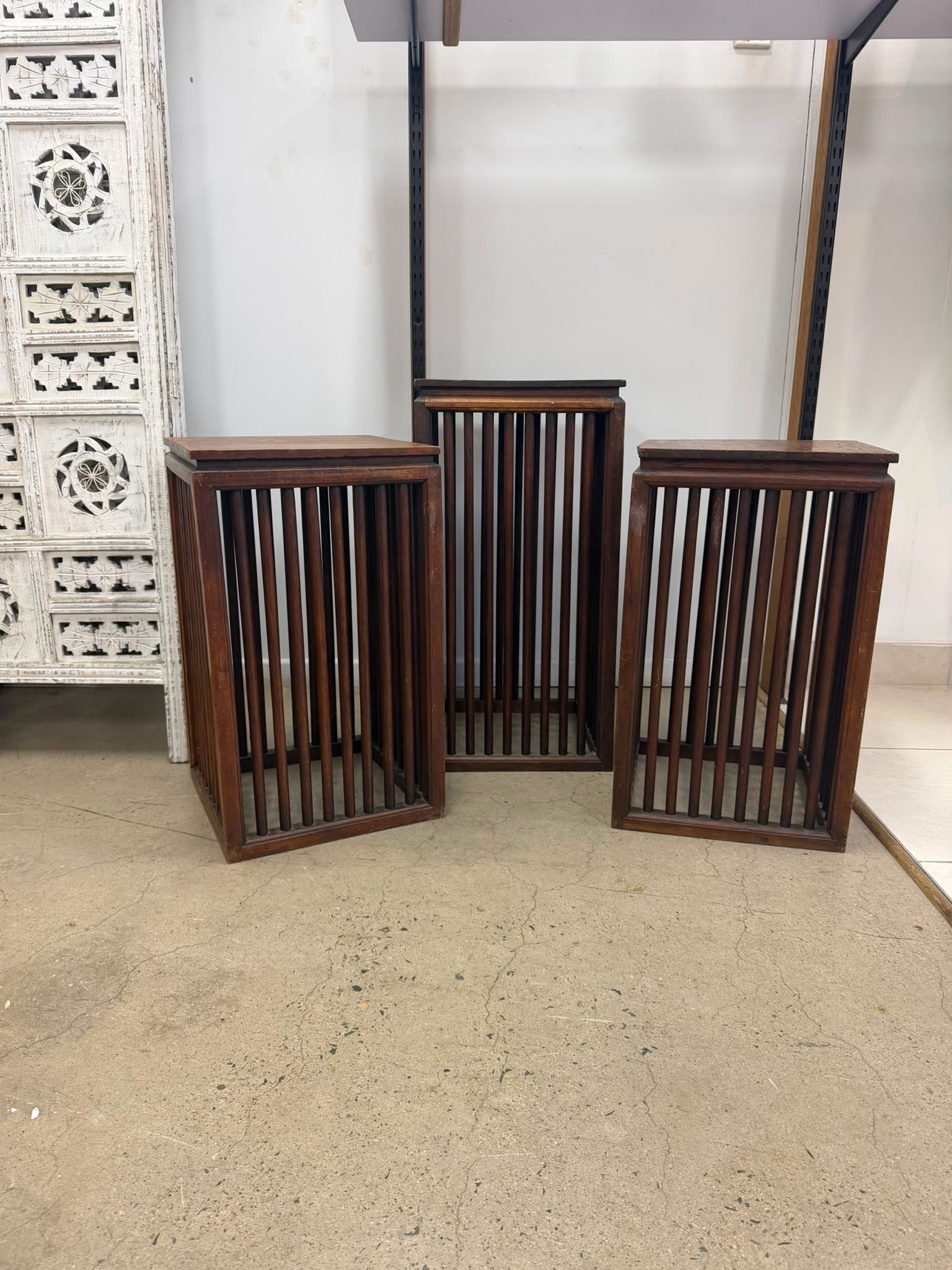 Wooden Slat Pedestal Stands Set of Three MCM Style Display Plinths Brown - Image 2