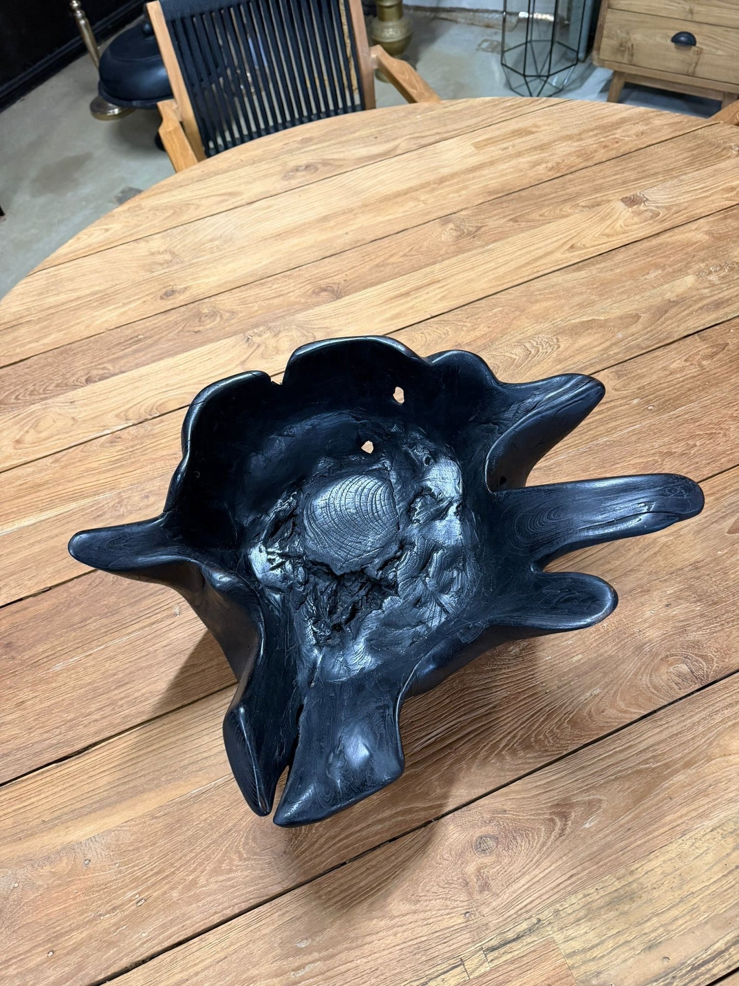Hand-Carved Teak Root Bowl Black Stained Sculptural Piece - Image 2