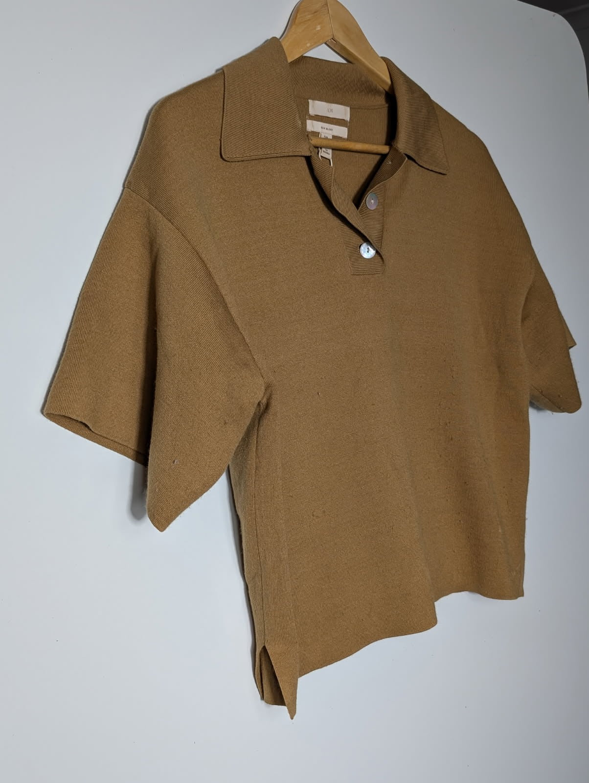 H&M Silk Blend Knit Polo Shirt Tan Women's XS - Image 3