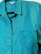 Grey Linen Short Sleeve Button-Up Shirt Teal Embroidered Pocket - Image 3