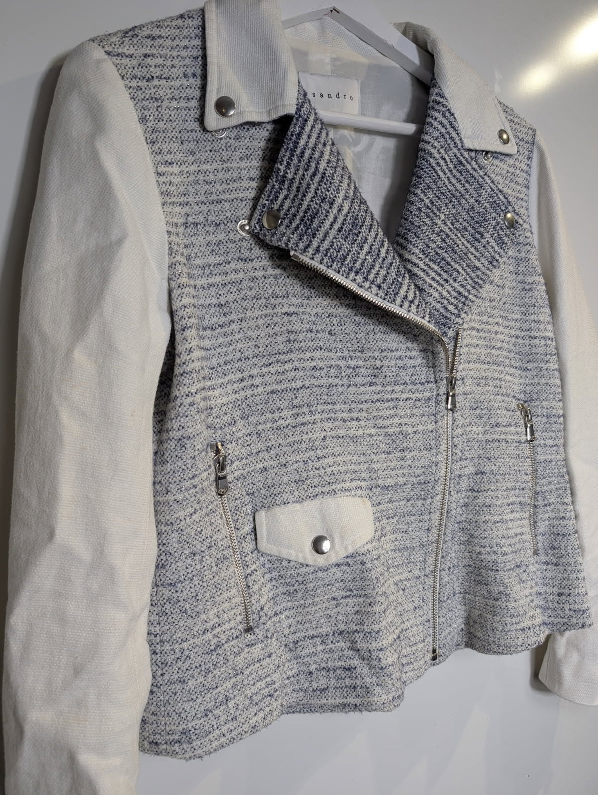 Sandro Paris Tweed and Canvas Biker Jacket Women's Size 40 - Image 2