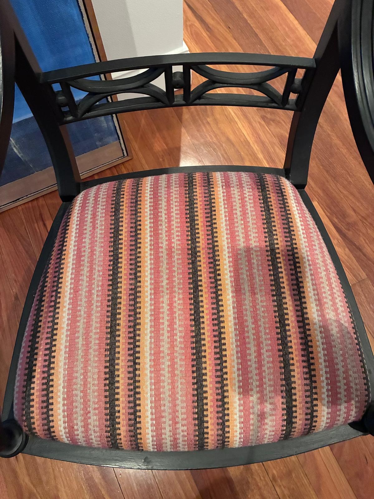 Regency Style Black Painted Armchair with Bespoke Striped Upholstery - Image 2