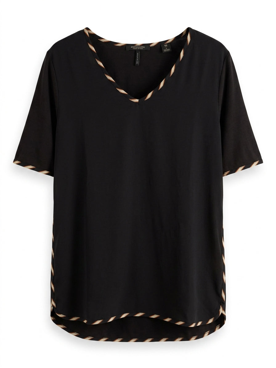 Maison Scotch V-Neck T-Shirt Black with Striped Trim Size L - Image 1