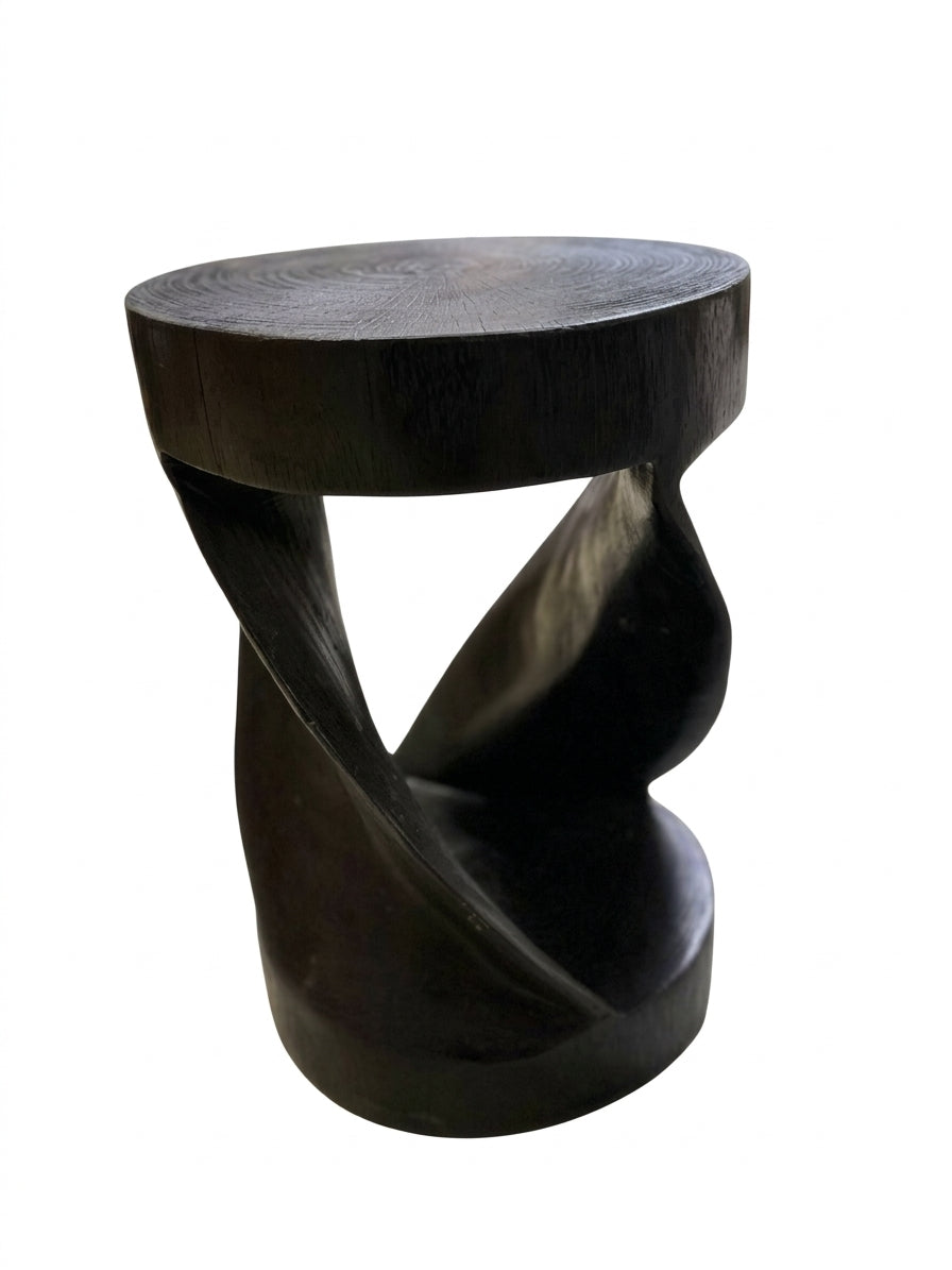 Handcrafted Teak Wood Twist Stool Black Organic Design - Image 1
