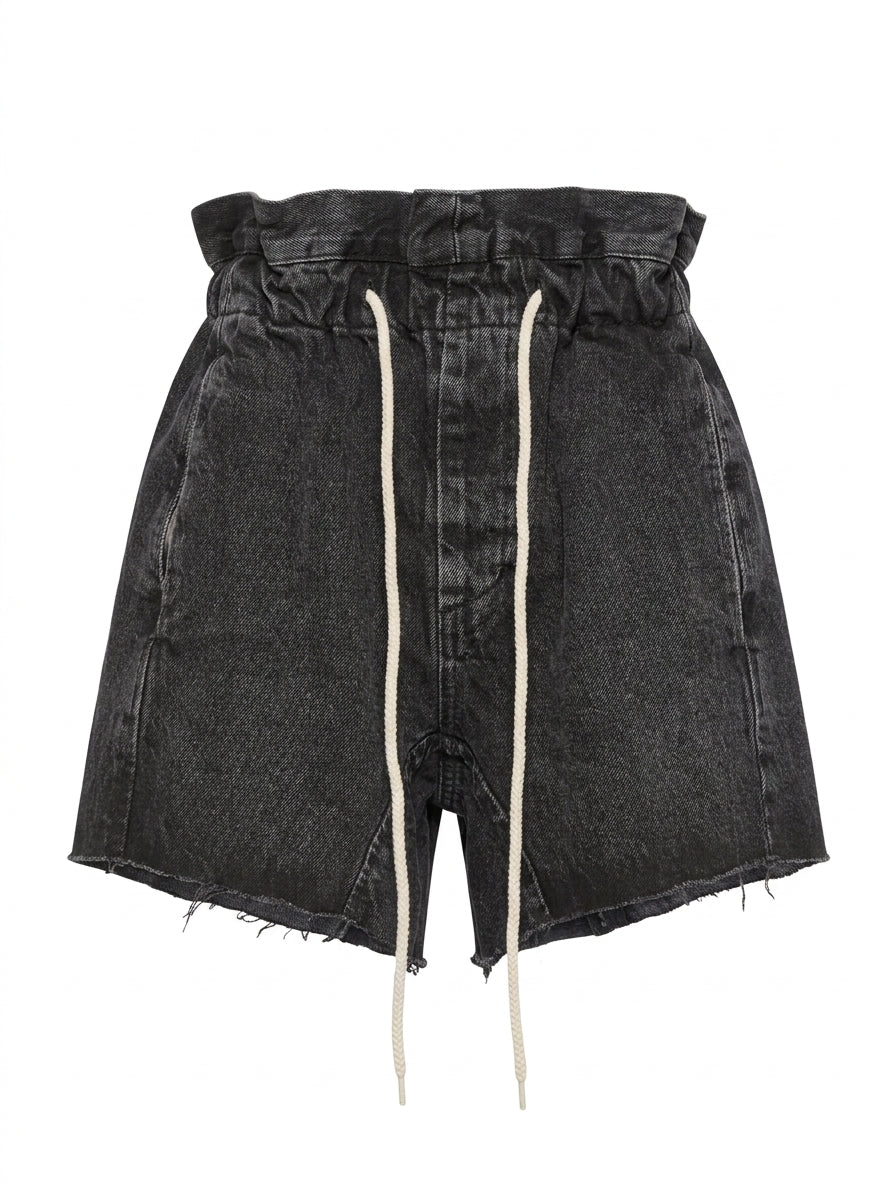 Bassike Paperbag Waist Denim Shorts Black Raw Hem - Image 1