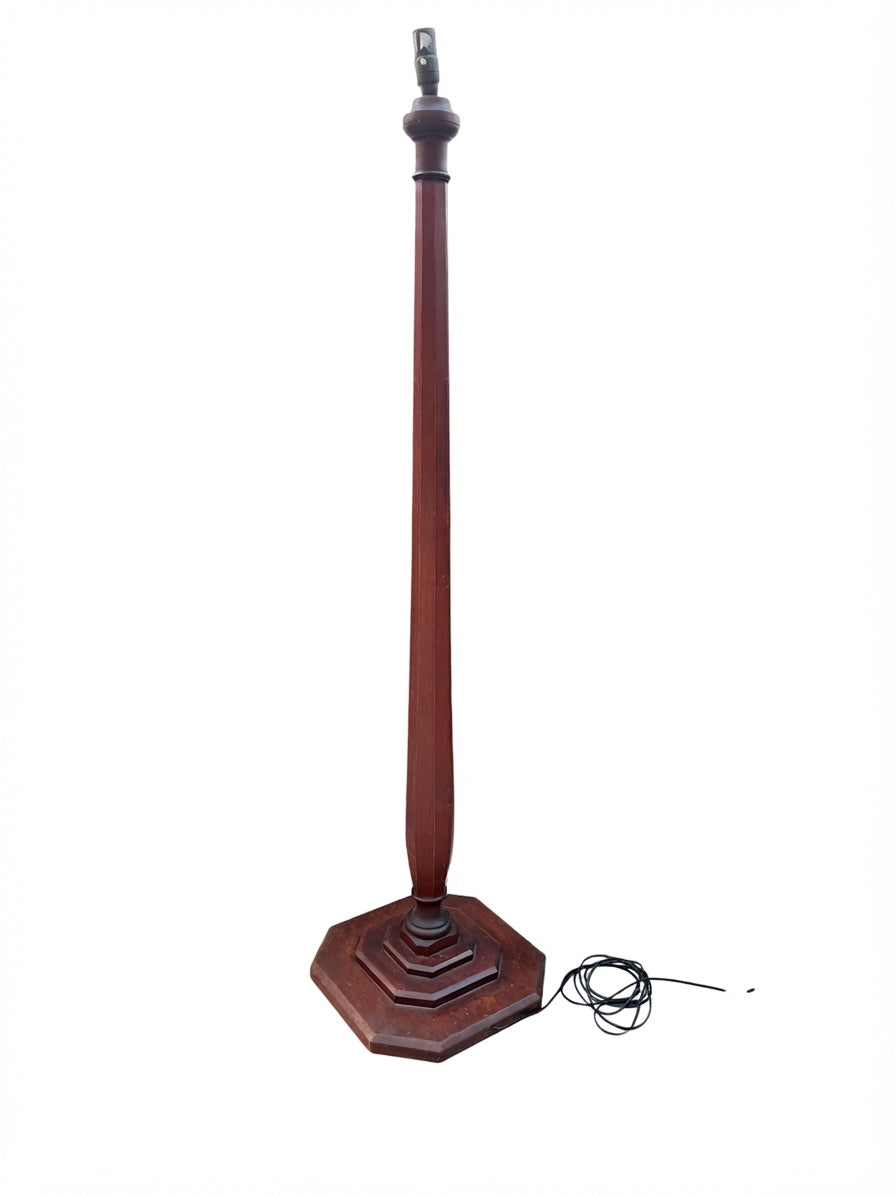 Vintage Wooden Floor Lamp Hexagonal Base Turned Column Design - Image 1