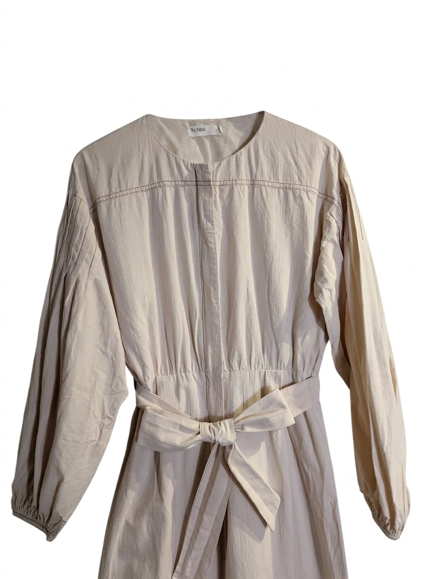 The Fated Long Sleeve Midi Dress Beige With Waist Tie - Image 1