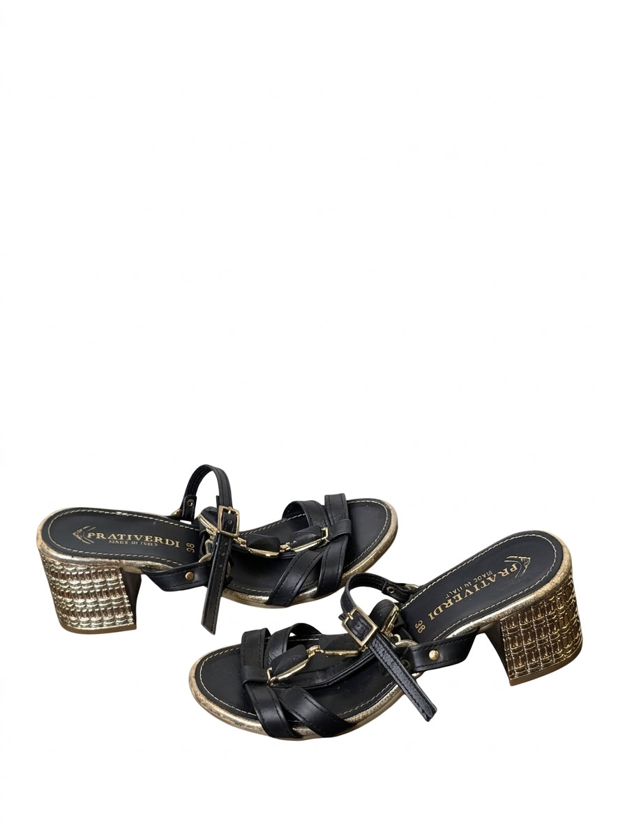 Prativerdi Leather Block Heel Sandals Black Gold EU 38 - Image 1