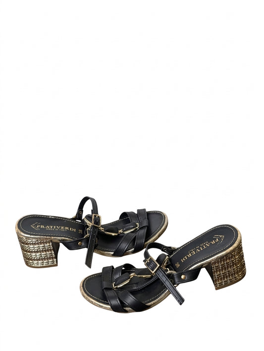 Prativerdi Leather Block Heel Sandals Black Gold EU 38 - Image 1