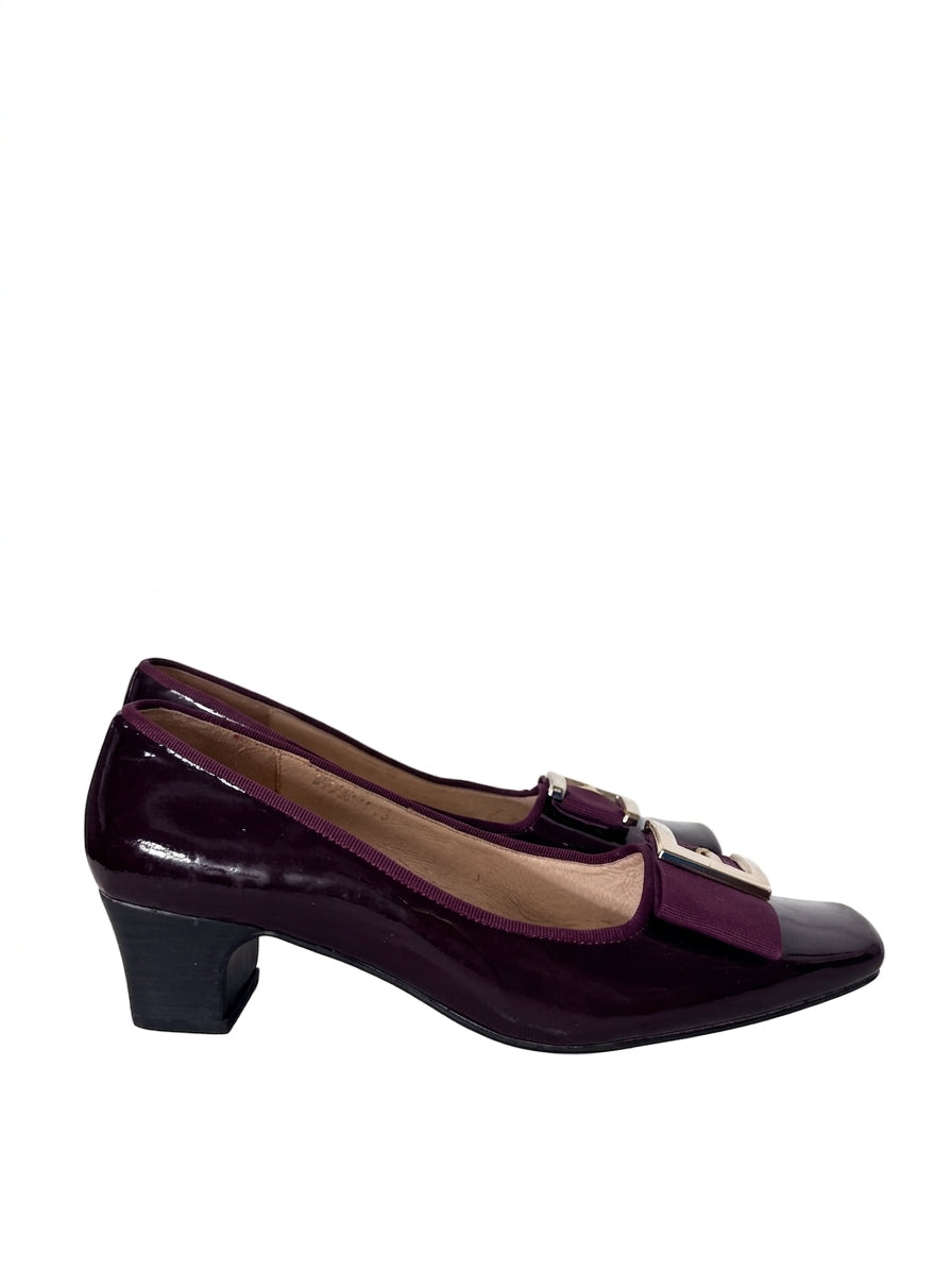 Salvatore Ferragamo Vara Low Heel Pumps - Deep Plum Patent Leather - Image 1