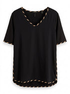 Maison Scotch V-Neck T-Shirt Black with Striped Trim Size L - Image 1