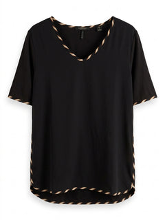Maison Scotch V-Neck T-Shirt Black with Striped Trim Size L - Image 1