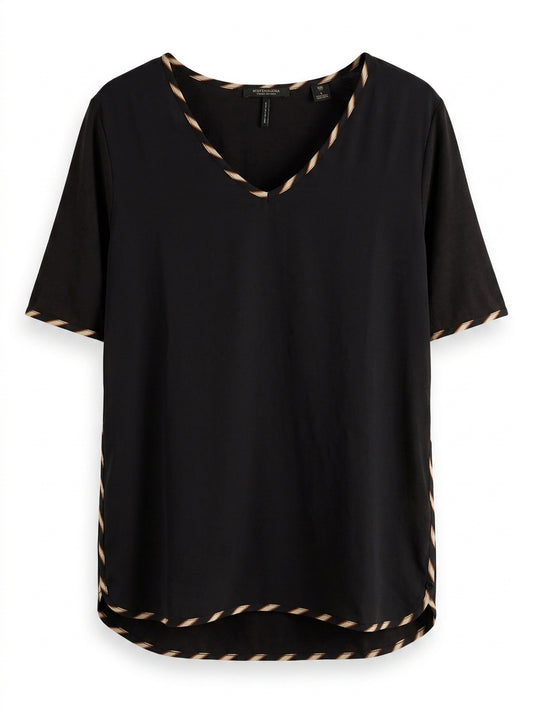 Maison Scotch V-Neck T-Shirt Black with Striped Trim Size L - Image 1