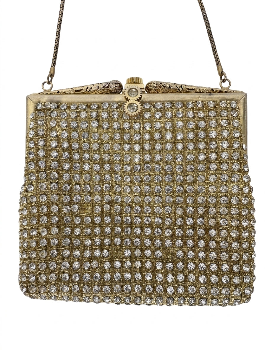 Vintage Gold Tone Rhinestone Mesh Evening Bag - Image 1