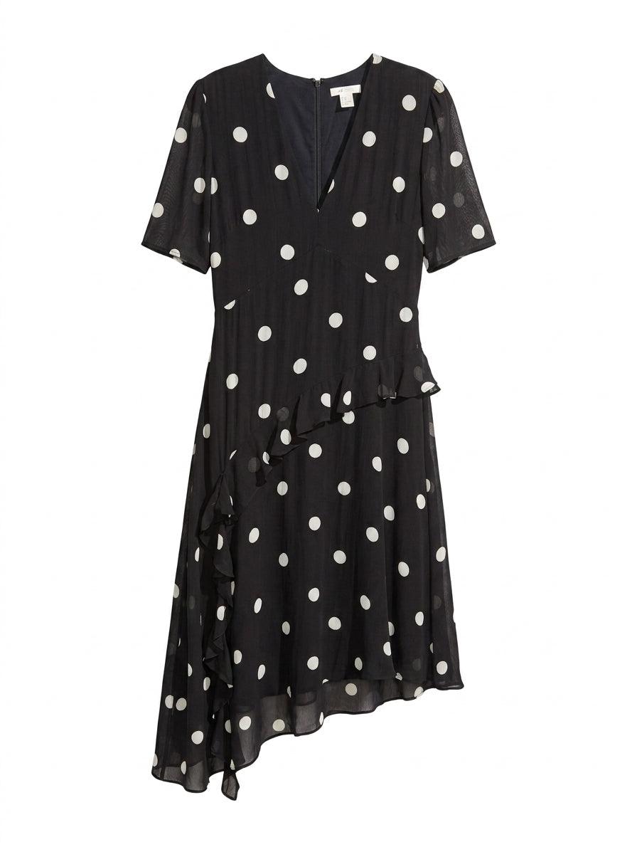 H&M Polka Dot Asymmetric Ruffle Midi Dress - Black & White