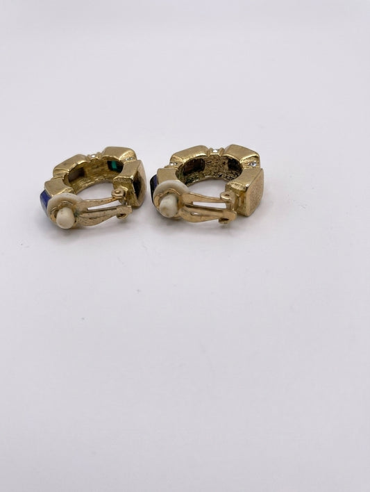 Vintage Gold Tone Clip-On Hoop Earrings with Multi-Color Inlay - Image 1