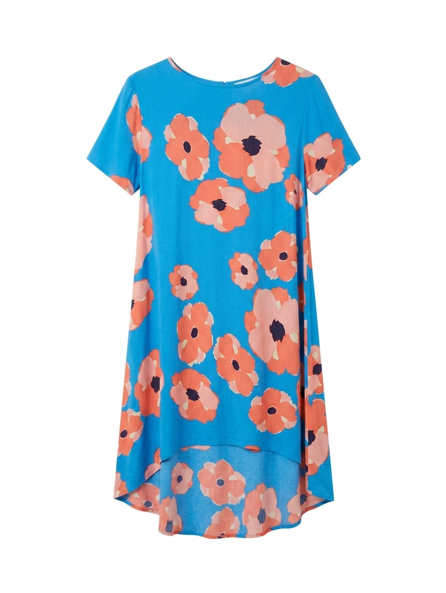 Mister Zimi Poppy Print High-Low Dress - Blue & Peach Size 12 - Image 1