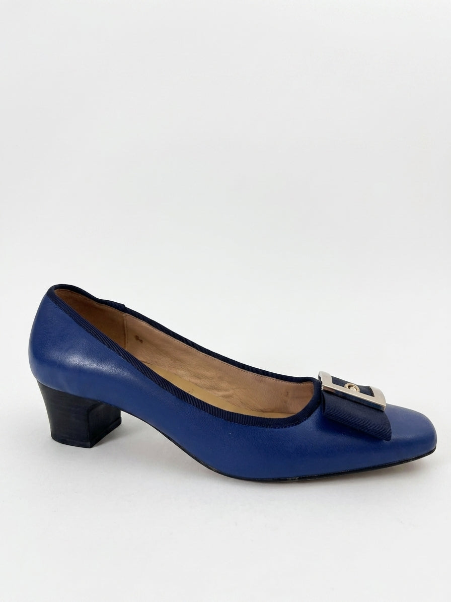 Aigner Blue Leather Block Heel Pumps - Logo Buckle Detail - Image 1