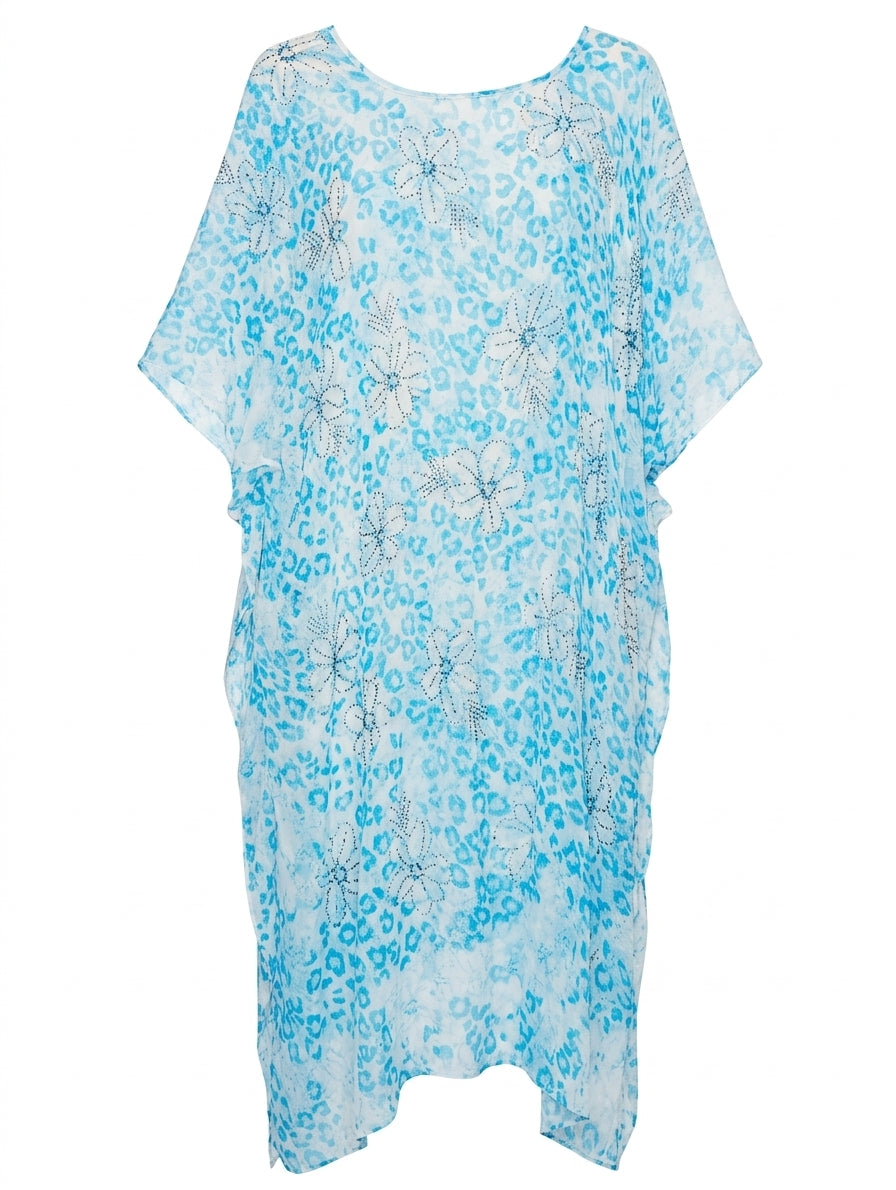 Camilla Silk Kaftan - Blue & White Animal Print Embellished Cover-Up - Image 1