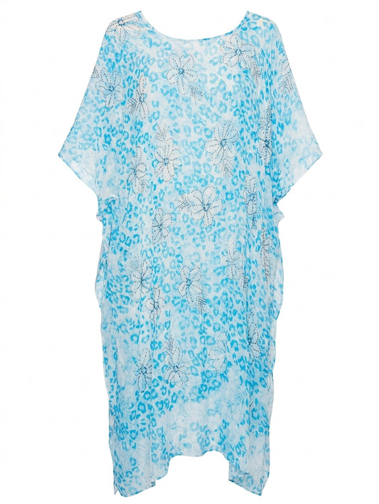 Camilla Silk Kaftan - Blue & White Animal Print Embellished Cover-Up - Image 1