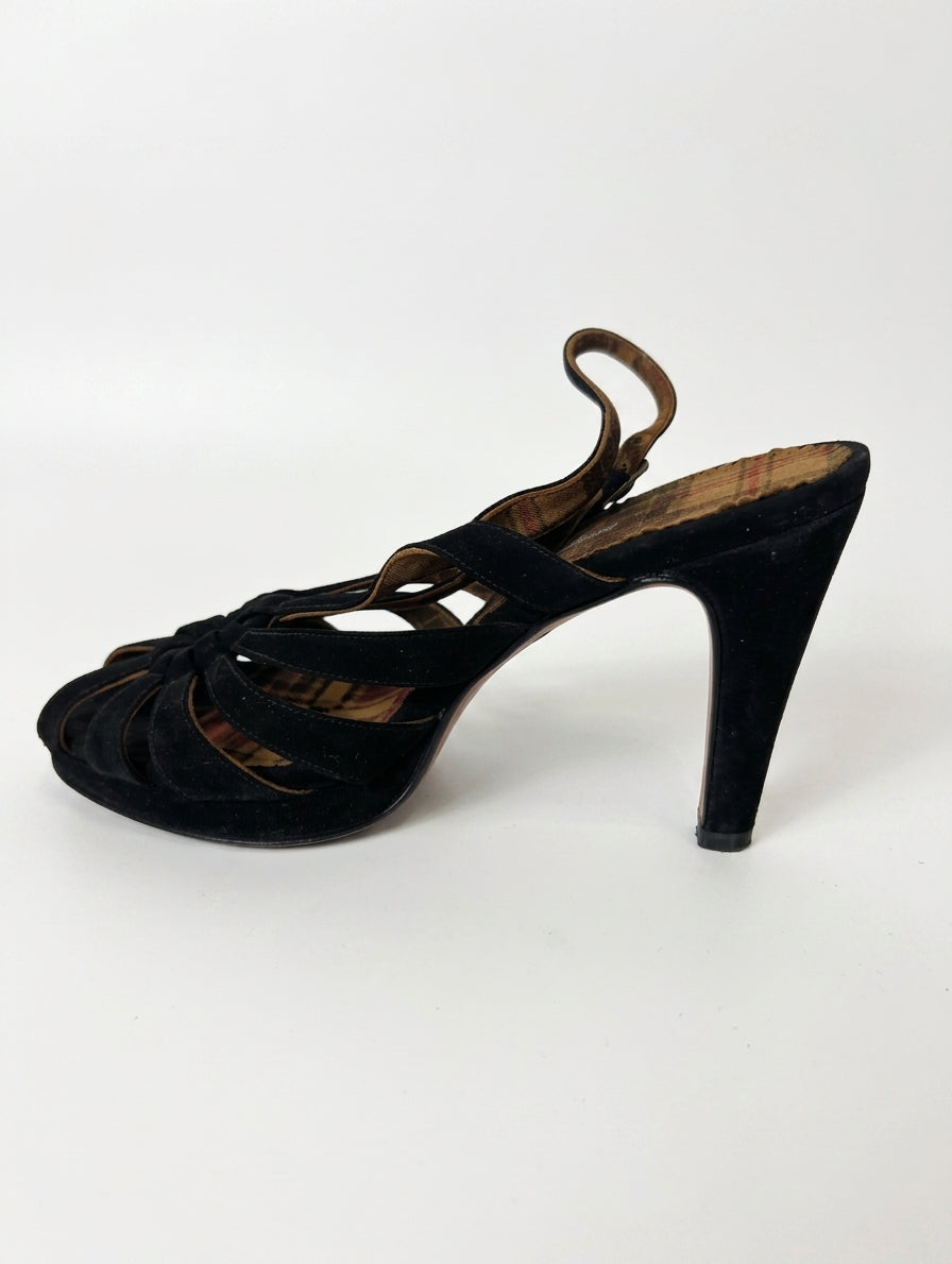 Jacqueline Schnabel Black Suede Strappy Heels - Size 38 - Image 1