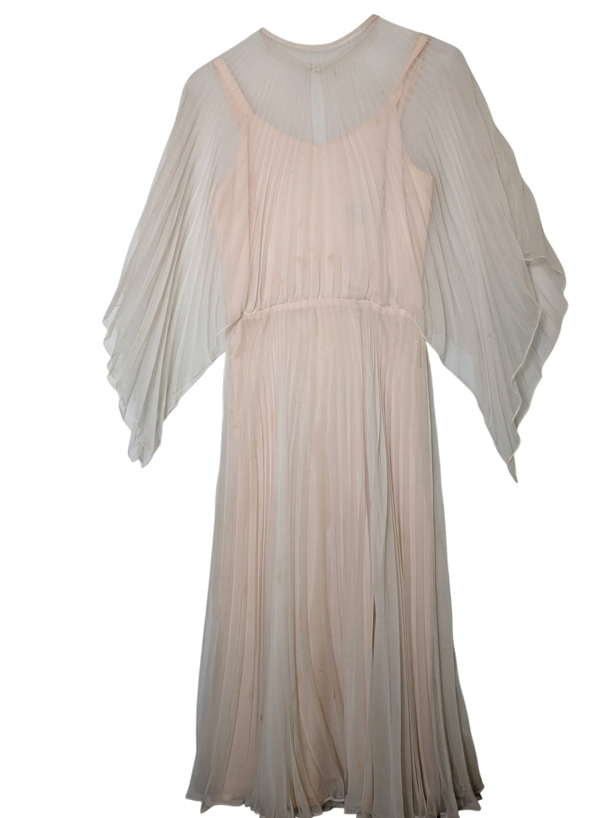 Vintage 1970s Merco Davron Pale Pink Pleated Chiffon Flutter Sleeve Maxi Dress - Image 1