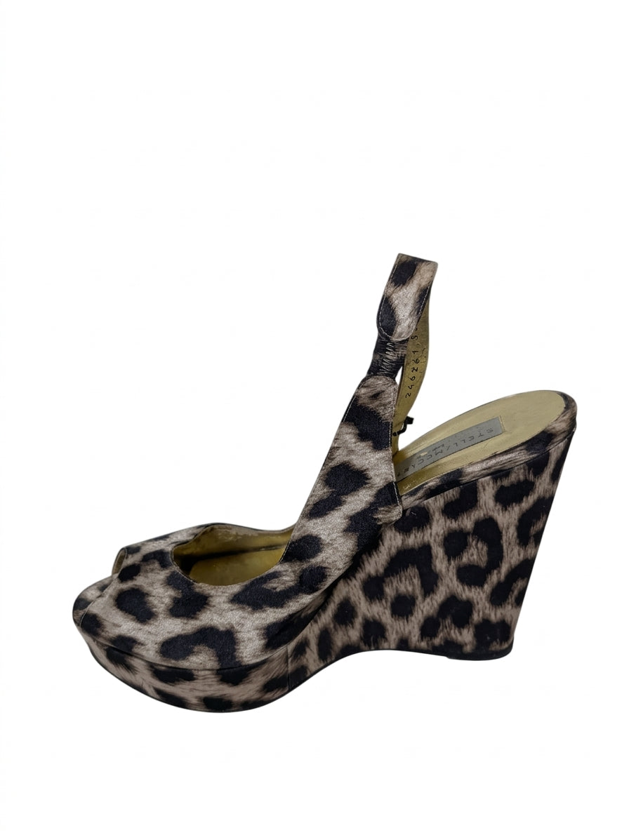 Stella McCartney Leopard Print Satin Peep Toe Wedge Sandals - Image 1