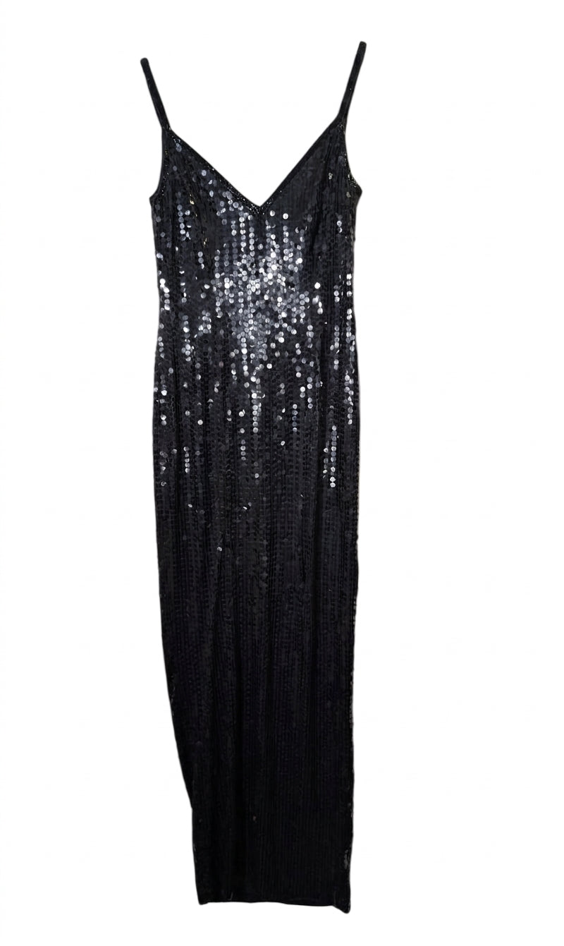 Famory Sequin V-Neck Maxi Dress Black Evening Gown - Image 1