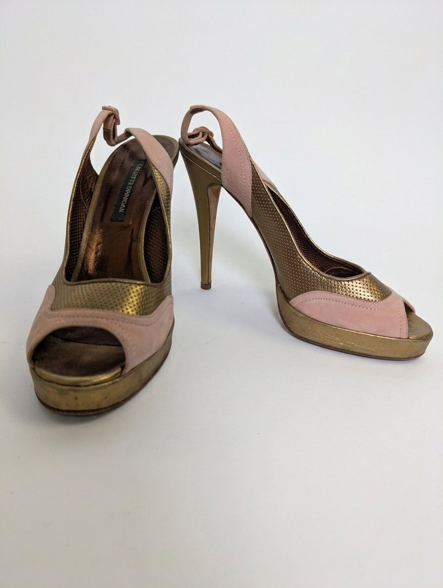 Collette Dinnigan Gold Metallic and Pink Suede Peep Toe Slingback Heels EU 41 - Image 1
