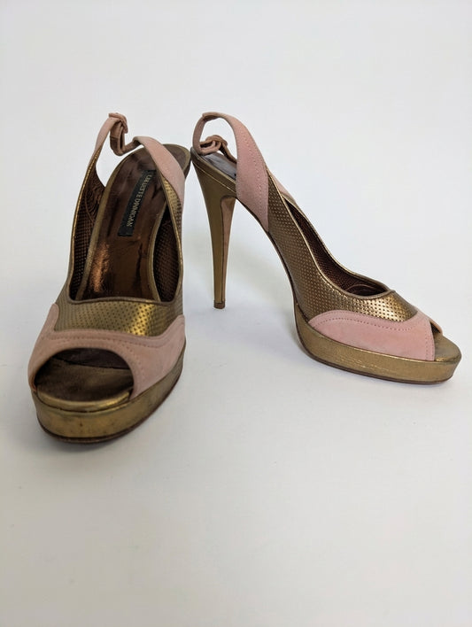 Collette Dinnigan Gold Metallic and Pink Suede Peep Toe Slingback Heels EU 41 - Image 1