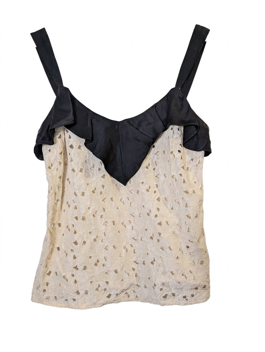 Fleur Wood Silk Lace Camisole - Cream & Black Ruffle Trim Size 2 - Image 1
