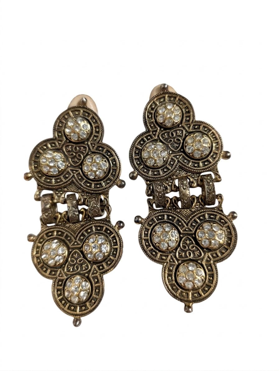 Vintage Byzantine Style Rhinestone Clip-On Earrings Gold Tone - Image 1