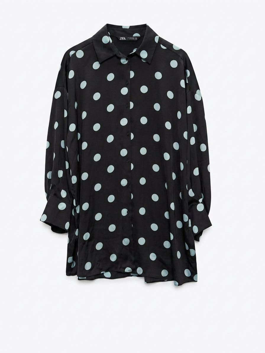 Zara Oversized Satin Shirt Black & Light Blue Polka Dot EU S - Image 1