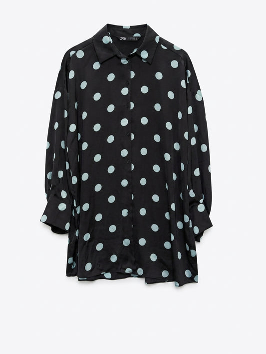 Zara Oversized Satin Shirt Black & Light Blue Polka Dot EU S - Image 1